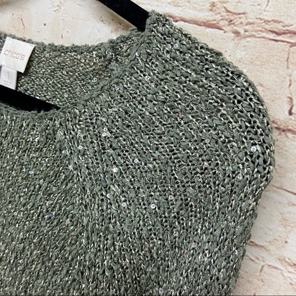 Chicos Womens Sequin Shine Claire Pullover Sweater Size 1 (M) Knit Fatigue Green - Picture 4 of 7